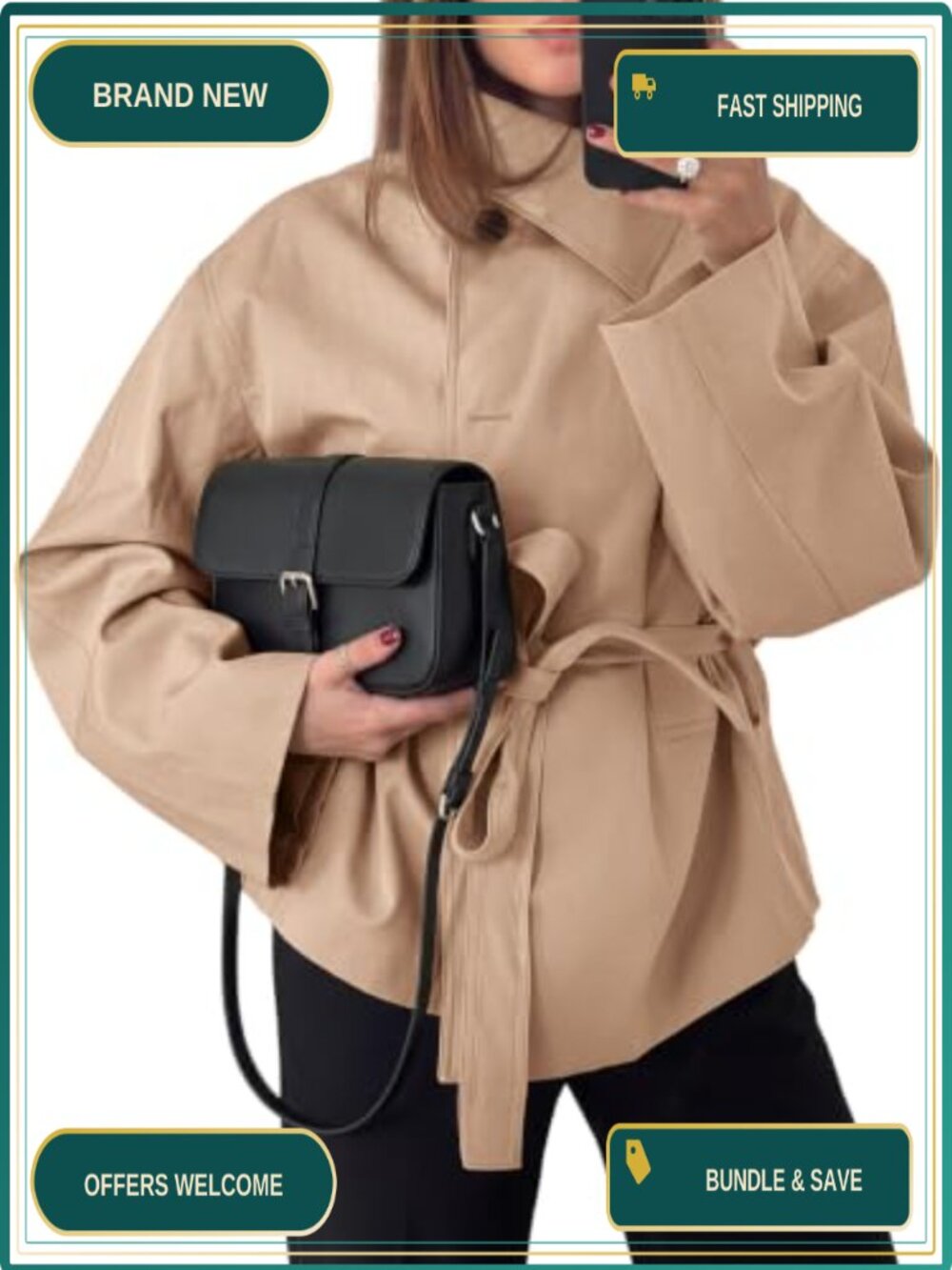 Women's Trench Coat Lapel Collar Self-Tie Waist Belt Windproof Casual Jacket